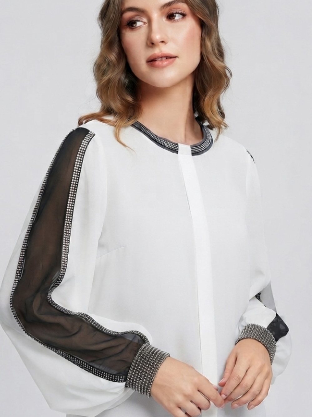 Korean White Robe Chiffon Blouse with Rhinestone Mesh Sleeves Size 14